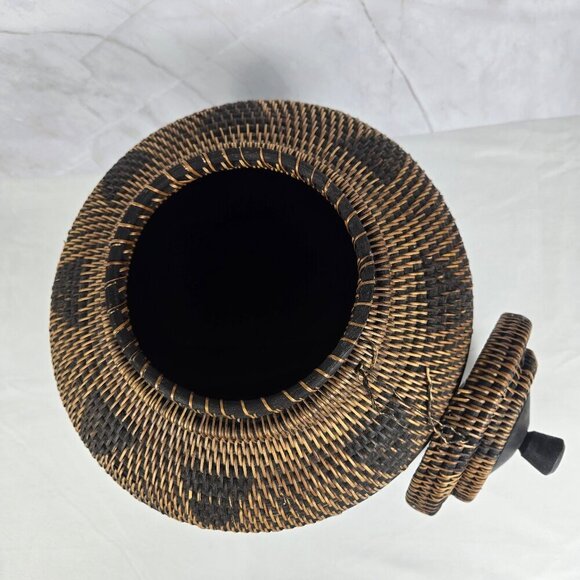 Wood and Rattan Vessel with Removable Lid Brown & Black Handmade in Indonesia - Picture 6 of 11